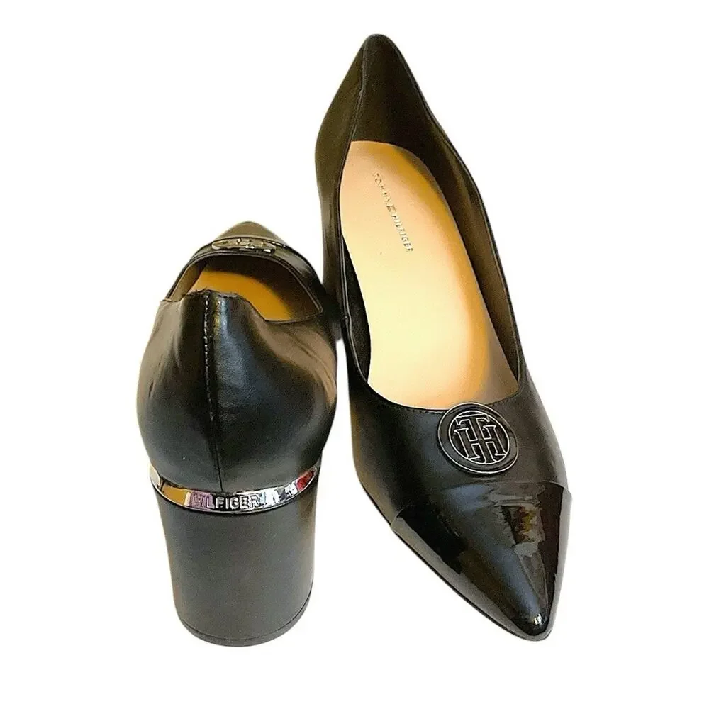 Tommy Hilfiger Women's Neysa Black Patent Toe Metal‎ Medallion Block Heels 9.5M